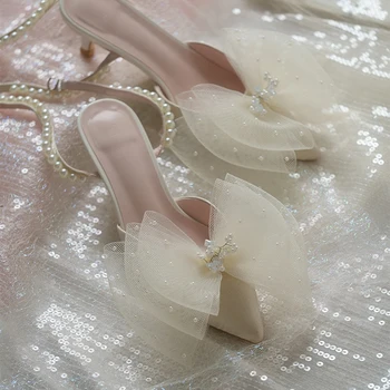 Poletje original neto preja velike lok vozel opozoril pearl pasu stiletto družico poročni čevlji slavnostna obleka vseh tekmo ženski sandali