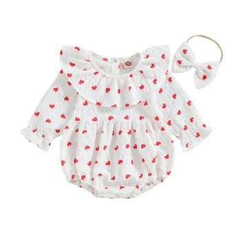 Baby Dekle 2Pcs Padec Obleke z Dolgimi Rokavi Srce/Cvjetnim Tiskanja Bodysuit z Glavo Komplet za Malčke Oblačila