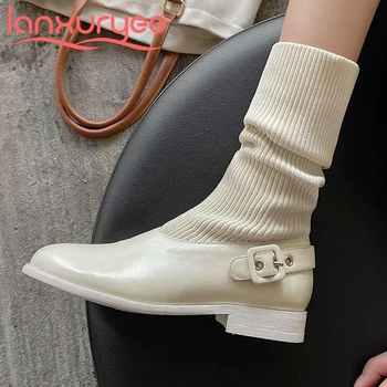 Lanxuryee 2020 novo pravega usnja krog toe nizke pete pletenje čevlji korejski ulica elegantna dama vsakdanje obrabe mid-tele škornje L88