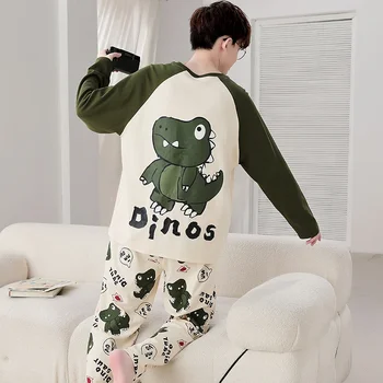 Jeseni Pajama Nastavite Ženske Moški Risanka Dinozaver Pyjama Sleepwear Dolg Rokav Bombaž Pijamas Mujer Unisex Korejski Svoboden