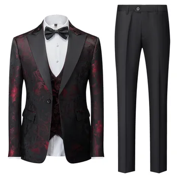 Luksuzni Jacquardske Moških Obleko Rdeče Gospodje Oblačila Svate Nevesta Obleko Poslovne Pogostitve Moški 3 Kos Set (Blazer+Hlače+Telovnik)