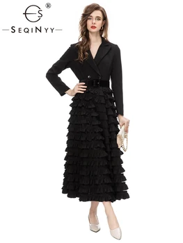 SEQINYY Elegantno Midi Obleka Black Pomlad Jesen Novo Modno Oblikovanje Ženske vzletno-pristajalne Steze High Street Ruffles A-Linijo Pasu Urad Dama