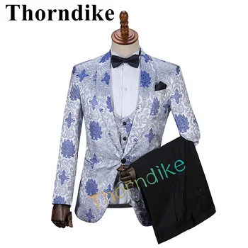 Thorndike Moške Srebro Obleke Elegantno Modro Cvjetnim Tiskanja Poroka, Maturantski ples Tuxedos Obleko za Moške 3pcs Jopič Suknjič+Telovnik+Hlače
