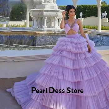Princesa Ročno Til Prom Oblačenja Vestidos De Noche Luksuzni Padla Kroglica Večerno Obleko Vijolične Formalno Stranko Obleko