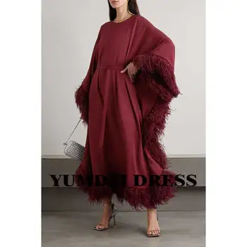 YUMDAI Haute Couture Luksuzni Dubaj Pero Delavska Večerno obleko 2023 Temperament Vino Rdeče Poročne Obleke Dolg Rokav Obleke Žogo