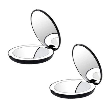 2X Prenosna Zložljiva Ogledalo Z LED Svetlobo Ličila Ogledalo, 10X Povečevalno Steklo, 12 Lučka Noge Mini Ogledalo Črno