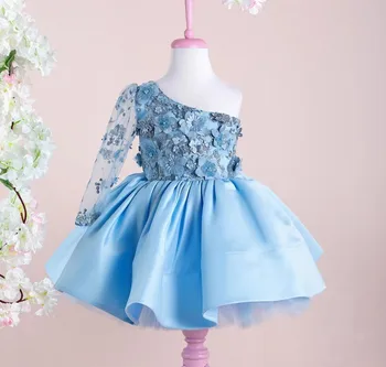Modro nebo, Baby Girl Oblačenja 3D Cvetje Biseri Malčka Frock Otroci Couture Malo Princesa Dekleta Rojstni dan Obleko 12M 18 M 24M