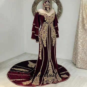 Stardust Letnik Maroko Slaven Obleke Ruffles Appliques Kroglice Kapela Vlak Proti-Vrat Plus Velikost Vestido Gala Mujer Osebno