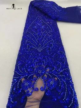 Lahko Čipke Kraljevsko Modra Afriške Til Tkanine, Čipke 2024 Visoke Kakovosti Čipke Nigerijski Kroglice Čipke Tkanine Sequins za Poročno zabavo Obleko