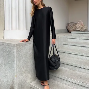 Priložnostne Saten Črno žensko Obleko 2024 Modni O-Vratu Dolg Rokav Gleženj Dolžina Obleke Elegantno Klasično Trdna Ženska Obleka