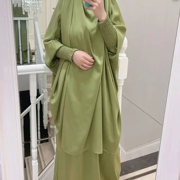 Ramadana Eid Jilbab 2 Delni Set Muslimanske Ženske Molitev Oblačilo Abaya Obleko Dolgo Khimar Haljo Niqab Islam Dubaj Oblačila Djellaba Burka