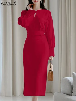 ZANZEA Elegantno Kleid Haljo Priložnostne V Vratu Midi Obleka Ženske Dolg Rokav Hujšanje Obleke 2023 Jeseni Pleating Vitka Režejo Vestidos
