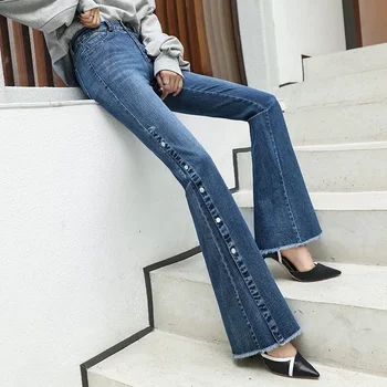 Boot Cut Jeans Za Ženske 2024 Spomladi Jeseni Pozimi Novega Dodati Žamet Visoko Pasu korejski Svoboden Vsestranski Ženski Flis Split Jean 5XL
